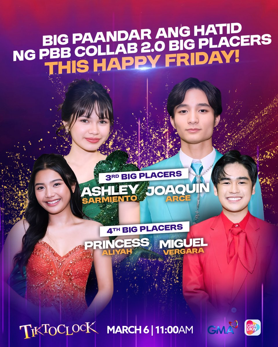 From Bahay ni Kuya to TiktoClock! 🤩💜

Bukas, makakasama natin sa kulitan ang #GMAPBBCollab 3rd Big Placers na sina Joaquin Arce at Ashley Sarmiento, at ang 4th Big Placers na sina Miguel Vergara at Princess Aliyah! 😍✨

Kita-kits sa #TiktoClock bukas ng 11:00 am, mga Tiktropa!