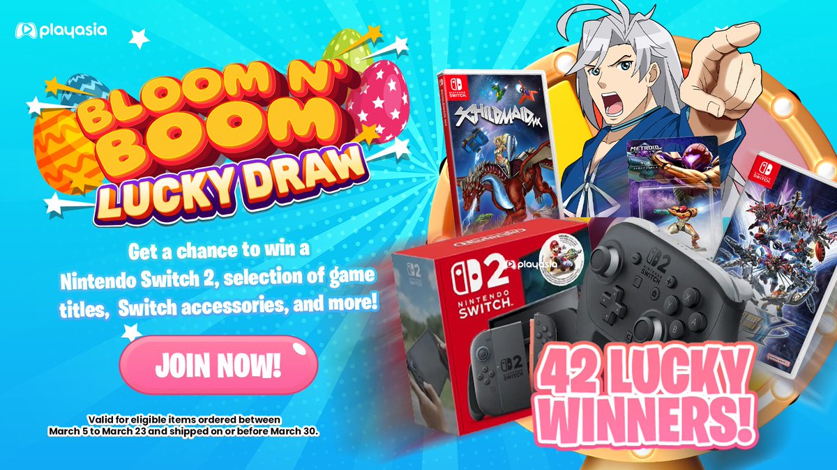 SPRING GIVEAWAY ALERT! 🌸

Surprise! Let's celebrate the arrival of spring with the Playasia's Bloom n' Boom Lucky Draw! We are giving you the opportunity to save on your favorite gaming goods and enter for a chance to win incredible prizes.

Prizes Include: Nintendo Switch 2,