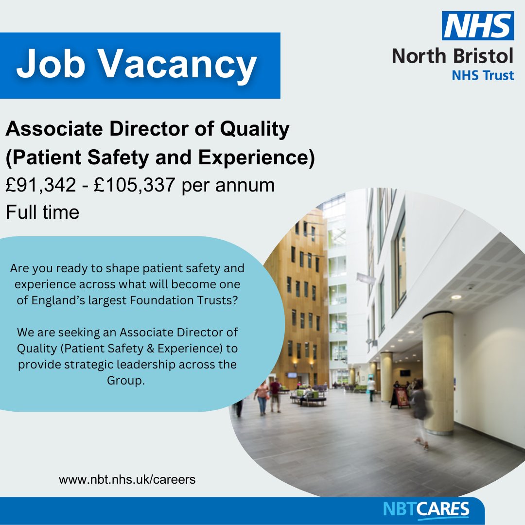 NBTCareers's tweet image. 🚀 Ready to shape patient safety for an entire city?

We’re hiring an Associate Director of Quality (Patient Safety &amp;amp; Experience) to lead safety, experience + improvement at scale.

🔗 nbt.nhs.uk/careers/our-te…

#NHSJobs #PatientSafety #PatientExperience