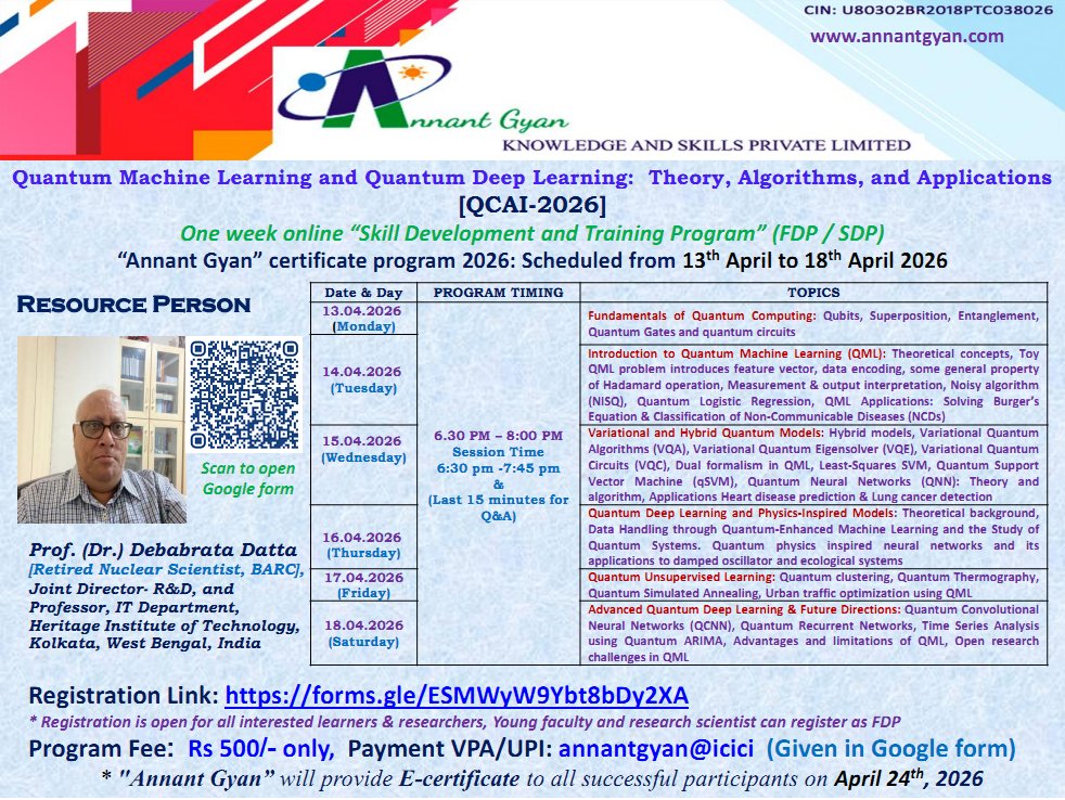 AnnantGyan's tweet photo. Registration Link:  https://t.co/xnx97hhnaD

#QuantumComputing #quantumphysics #QuantumTechnology #artificialintelligence #AI #FDPs #SDP #FutureSkills #technology #faculty #professor #ResearchScholar #college #university #engineering #CSE #ECE #informationtechnology #Indian https://t.co/kaAnNm10HR