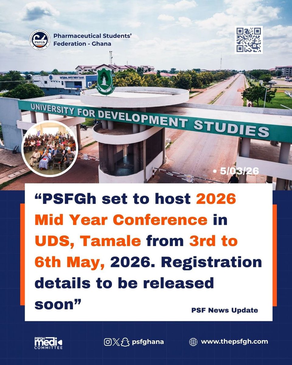 psfghana's tweet photo. Big things are brewing in Tamale… 👀🔥
Pharmacy students across Ghana, get ready!💃🚀🥳

#MYC26 
#Tamsville 
#PSFUpdates

POWERED BY PSFGh MEDIA COMMITTEE📸 https://t.co/muvowReSxD