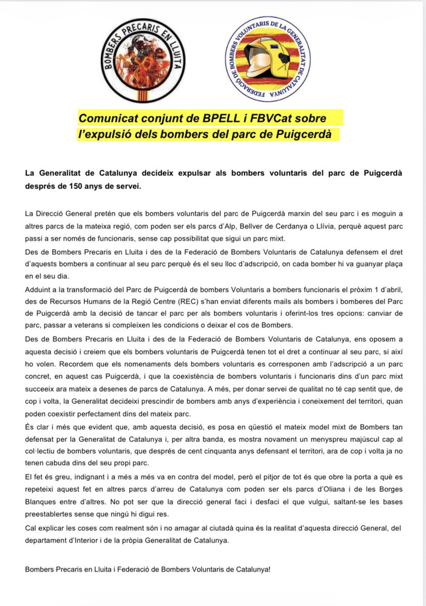 Comunicat conjunt de Bombers Precaris en Lluita i de la Federació de Bombers Voluntaris de Catalunya, davant l’expulsió imminent dels bombers voluntaris de Puigcerdà, del seu propi parc per part de la Direcció General. ⤵️