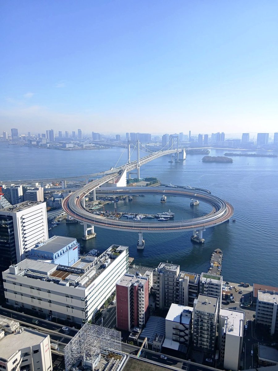 先日仕事中に見えた風景。

この角度からこの橋を見たのは初めて。地上160mの建物屋上の風が心地良くて、このままどこかに飛んでいけるんじゃないかと一瞬夢想したけど大丈夫！心身共に健全です。

東京湾に「6」の数字が浮かんでるように見えた。今年のラッキーナンバーは『６』かな！