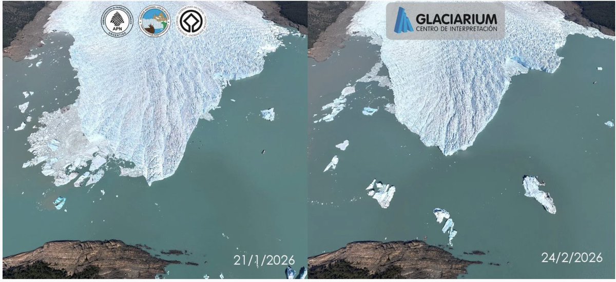 Miren lo que le pasó al Glaciar Perito Moreno EN UN MES. En un contexto de #crisisclimatica estamos discutiendo modificar #LeyDeGlaciares... increíble.