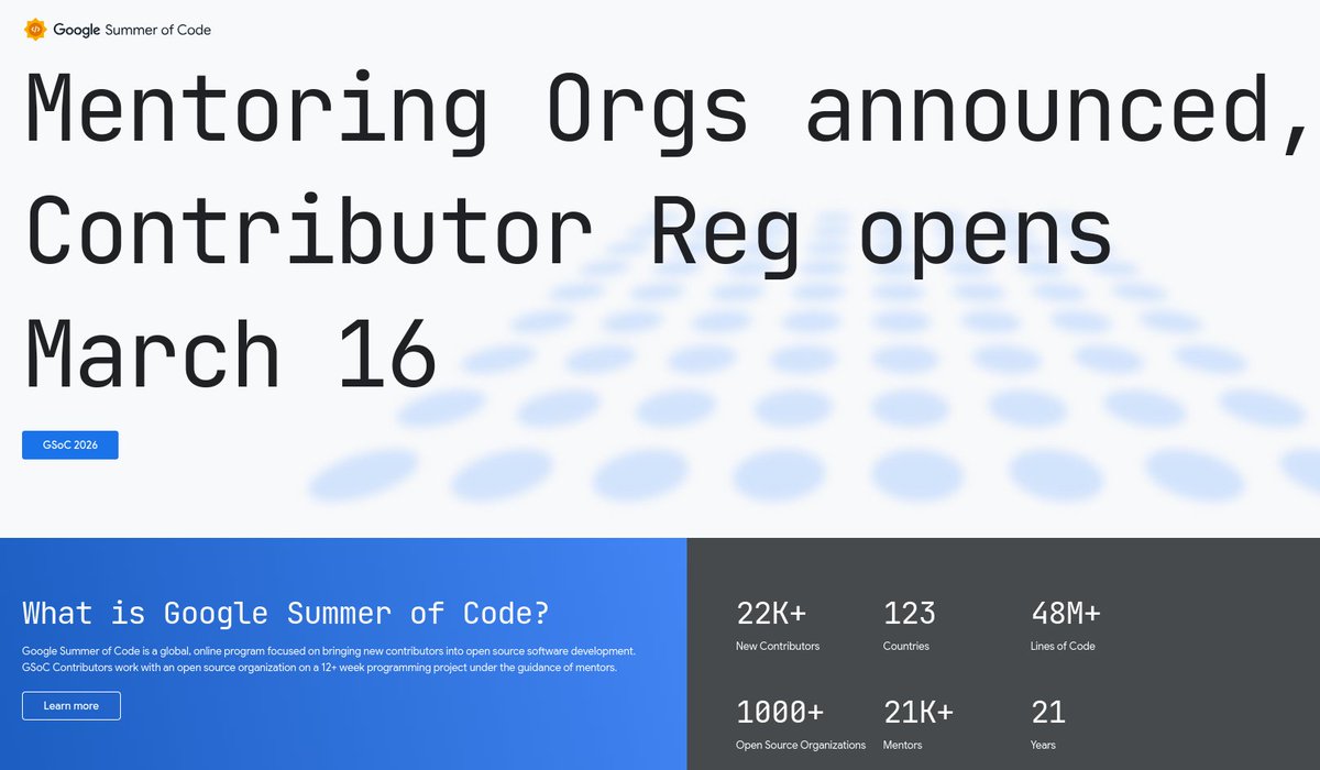 x14c3's tweet photo. Google @GoogleOSS zveřejnil seznam 185 organizací přijatých do letošního Google Summer of Code #GSoC #GSoC2026. Zájemci o práci na projektech daných organizací se přihlašují od 16. do 31. března. V Česku a na Slovensku si mohou vydělat 900, 1800 nebo 3600 dolarů 💵 dle projektu. https://t.co/3v70yPH01q
