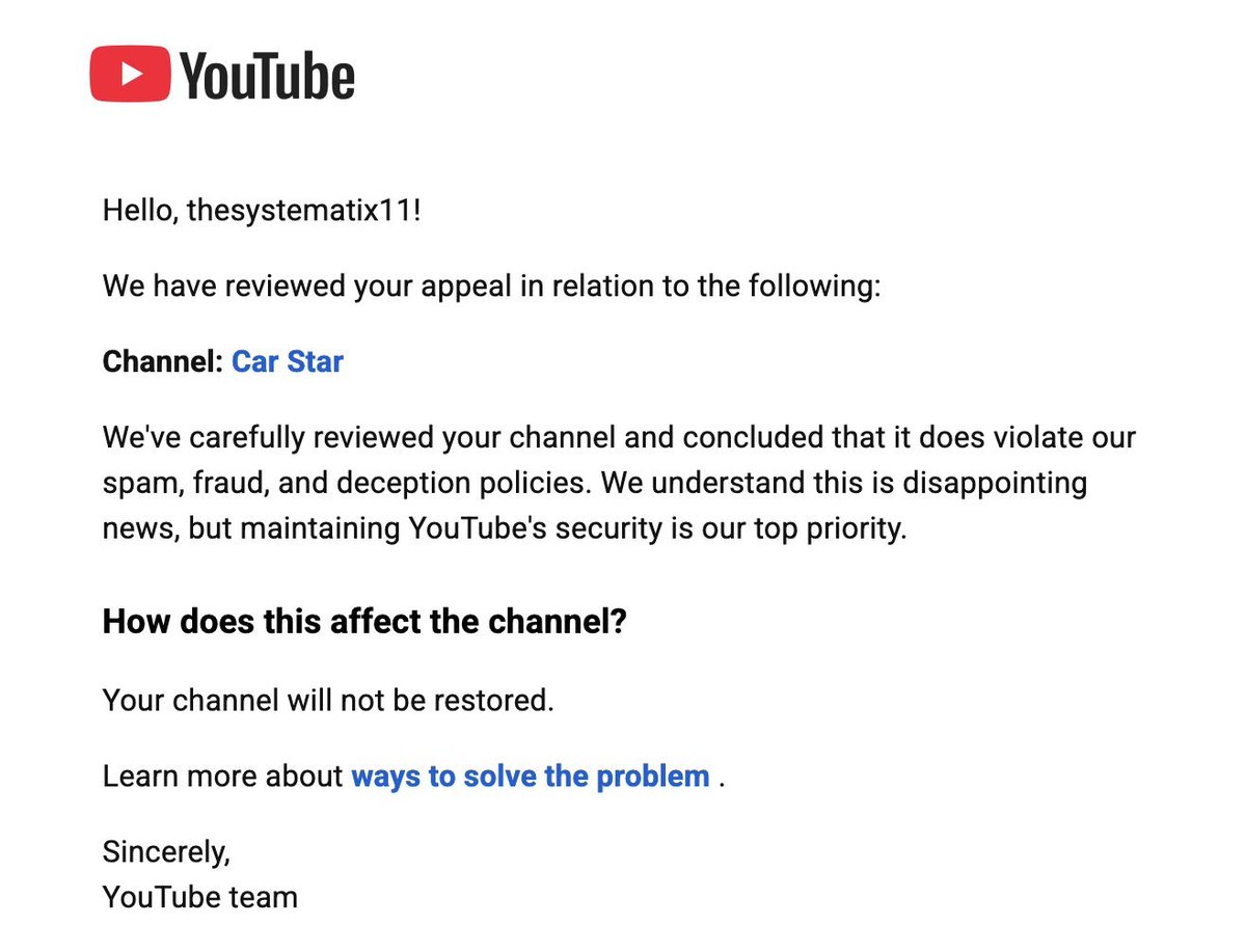 platonkin28730's tweet photo. @TeamYouTube

my channel was blocked after I submitted an appeal. I ran my channel honestly and without violations, and my content does not violate your rules. I have heard that there are many blocks happening now due to the new blocking algorithm. https://t.co/RcMcnLd0Zg https://t.co/qvge2WnVze