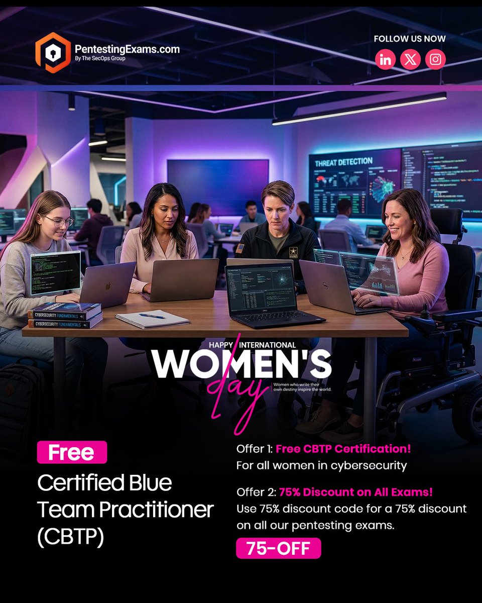 💜🎉 𝗪𝗼𝗺𝗲𝗻'𝘀 𝗗𝗮𝘆 𝗦𝗽𝗲𝗰𝗶𝗮𝗹 𝗚𝗶𝘃𝗲𝗮𝘄𝗮𝘆 | 𝗙𝗥𝗘𝗘 𝗖𝗲𝗿𝘁𝗶𝗳𝗶𝗲𝗱 𝗕𝗹𝘂𝗲 𝗧𝗲𝗮𝗺 𝗣𝗿𝗮𝗰𝘁𝗶𝘁𝗶𝗼𝗻𝗲𝗿 (𝗖𝗕𝗧𝗣) 𝗘𝘅𝗮𝗺! 🎉💜

For a limited time, The SecOps Group is offering 𝗙𝗥𝗘𝗘 𝗮𝗰𝗰𝗲𝘀𝘀 𝘁𝗼 𝗖𝗲𝗿𝘁𝗶𝗳𝗶𝗲𝗱 𝗕𝗹𝘂𝗲 𝗧𝗲𝗮𝗺