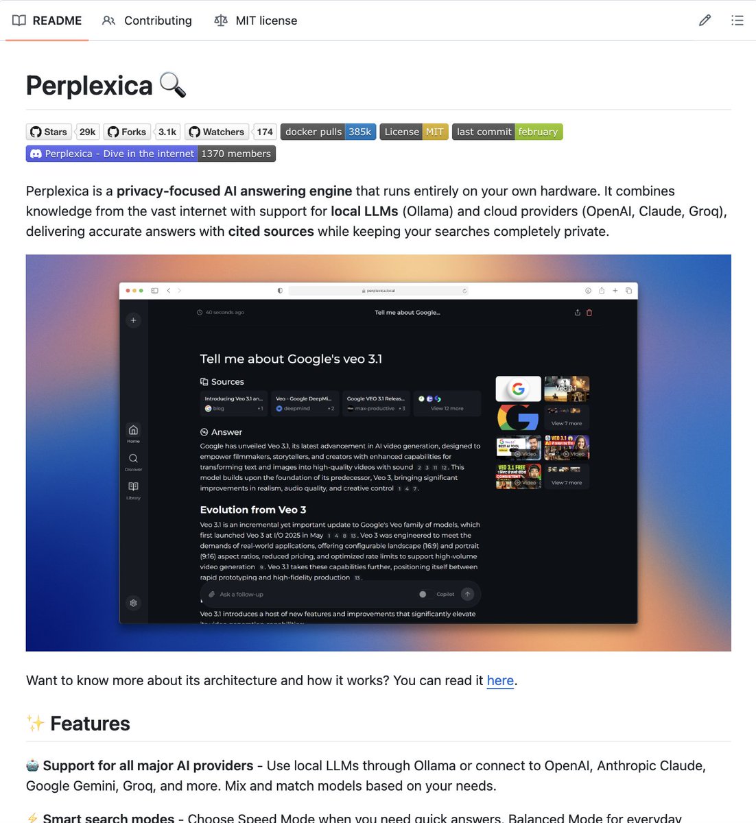 🚨BREAKING: Someone built a full Perplexity clone that runs 100% locally for $0.

It's called Perplexica.

→ Searches the web in real-time
→ Cites every source it uses
→ Works with Ollama local models
→ Multiple search modes (general, academic,
   YouTube, Reddit, writing)
→