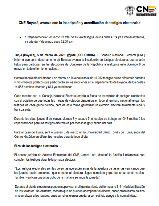 CaracolRadioTun's tweet photo. El @CNE_COLOMBIA informó que en #Boyacá avanza la inscripción de testigos electorales para las elecciones al Congreso de la República. 

A corte del 4 de marzo se registran 15.202 testigos, de los cuales 14.588 están inscritos y 614 acreditados. https://t.co/KWjxateVuy