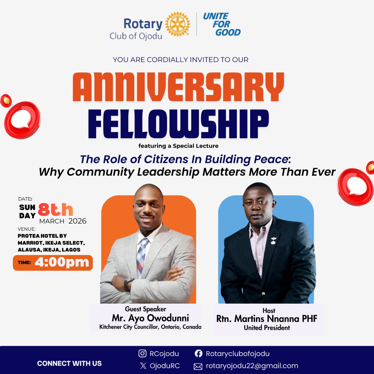 Attention, Great Minds! Visionaries! Community Builders!

The <a href="/OjoduRc/">Rotary Club Of Ojodu</a>  proudly invites you to a power-packed Anniversary Fellowship and Special Lecture you absolutely don’t want to miss!
✨ Come celebrate.✨ Come connect.✨ Come be inspired.

Check the flier for full details