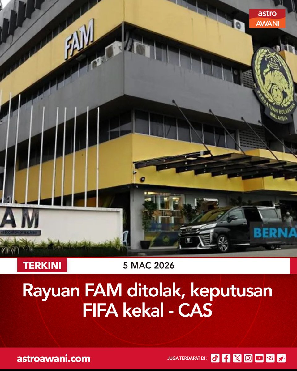 501Awani's tweet photo. Mahkamah Timbang Tara Sukan (CAS) menolak rayuan Persatuan Bola Sepak Malaysia (FAM) dan mengekalkan keputusan FIFA.

Tujuh pemain warisan digantung perlawanan rasmi selama 12 bulan, tetapi tidak daripada semua aktiviti berkaitan bola sepak.

Ikuti berita terkini di https://t.co/poP213meTo

#AWANInews