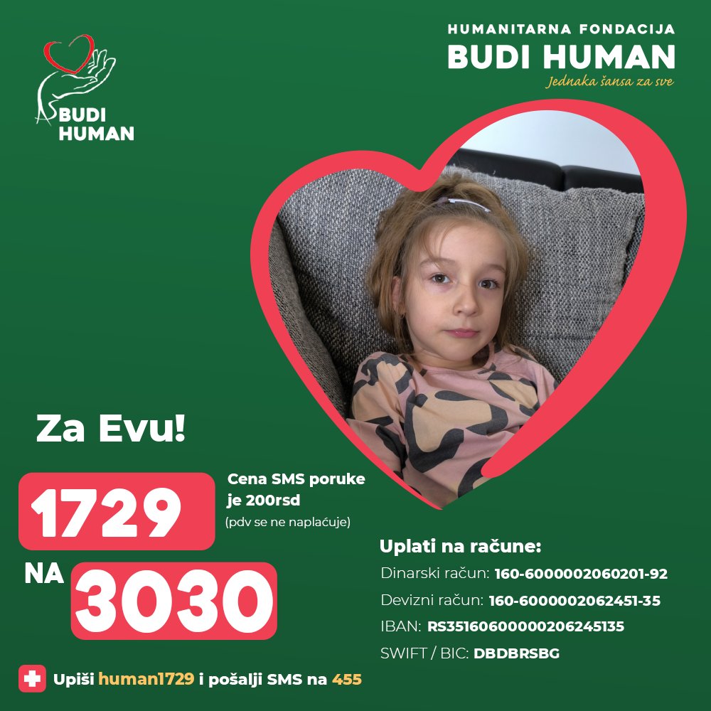 budihuman's tweet image. Pomozimo Evi!

Upišimo 1729 i pošaljimo SMS na 3030

budihuman.rs/korisnik/1729/…

#budihuman #jednakašansazasve #podeli #evastevanović