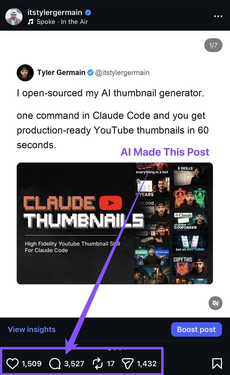ItsTylerGermain's tweet photo. One carousel got me thousands of leads.

The crazy thing is, it was 100% generated by AI. Every slide, every word, every pixel.

I built a custom skill inside Claude Code that turns any topic into an Instagram carousel, styled to look exactly like Twitter/X posts. Profile pic, handle, verified badge, the whole sha-bang.

You type a topic, it writes the thread using proven frameworks. Then it renders every slide as an image, and is usually done in like 60 seconds.

The fix-it loop is what makes it insane. Something looks off? Wrong image?

Just tell Claude what you need, and it will figure out how to fix it - quickly. 

And these crush. Saves, shares, comments: the algorithm loves them because the audience loves them.

I didn't hire a designer, I didn't open Canva. I wrote a Python script, wrapped it in a Claude Code skill, and now I generate these on demand whenever I want.

This is what building with AI actually looks like. Not prompting ChatGPT and copy-pasting. Building tools that produce finished assets, and actually help you move your business forward.

Comment "IG" and I'll show you exactly how I built it