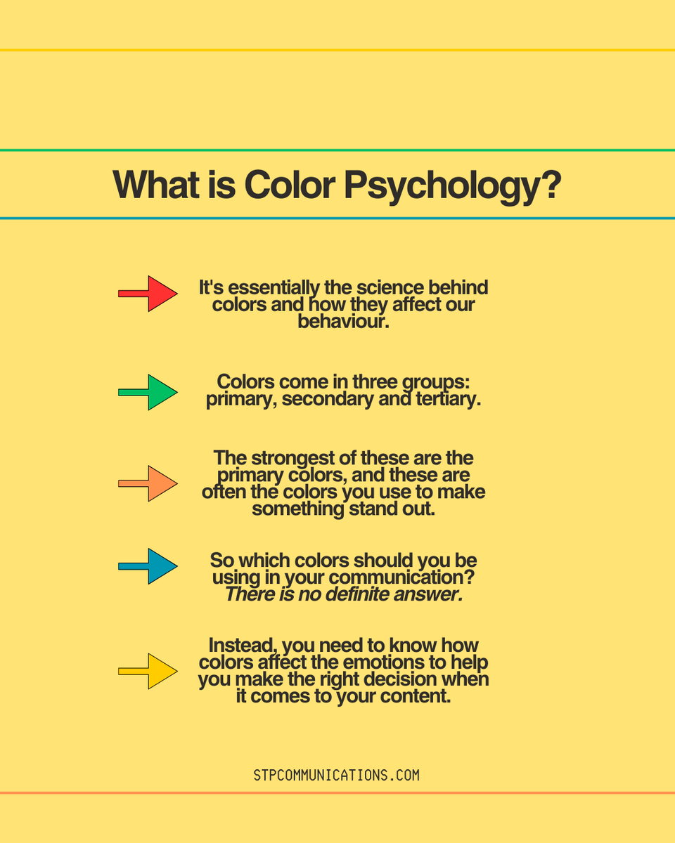 stpcomms's tweet photo. #Colours are fundamental in all aspects of #communication. They have a direct impact on stakeholders, affecting their emotions and how they react to certain messages. See here how they affect people. #colour #psychology Link to the blogpost: https://t.co/InJhLMx3z6 https://t.co/wpAkSn2CyV