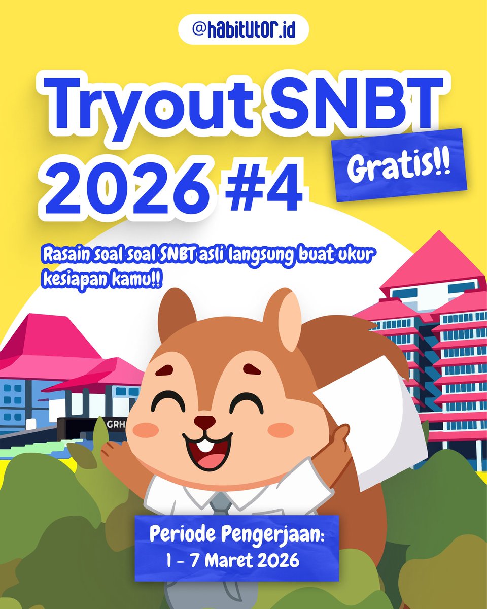 habitutor's tweet photo. 📣 TRY OUT #4 HABITUTOR 2026 IS HERE! 📣

Habitutor buka Try Out GRATISSS buat kalian yang mau:
✅ ngukur kemampuan sebelum ujian
✅ latihan soal ASLII sesuai vibe SNBT
✅ tahu letak kelemahan biar bisa dibenerin dari sekarang!

📍Link pendaftaran: https://t.co/qigoQZeJ8W https://t.co/ybFJJa847r