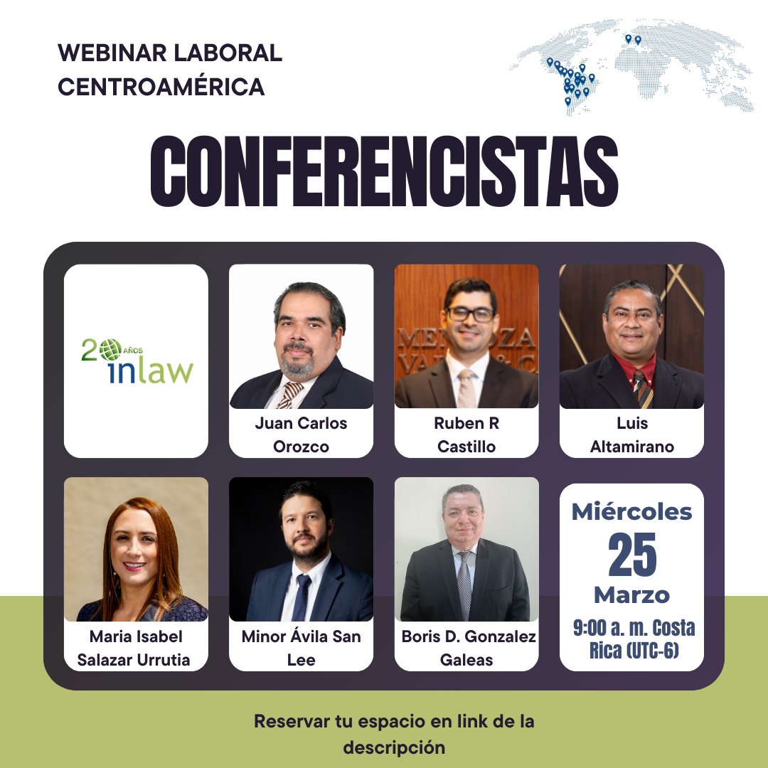 🌍 ¿Su empresa opera o quiere expandirse en Centroamérica?  Súmese a este WEBINAR LABORAL junto a referentes que darán consejos y tendencias sobre:

✔️ Teletrabajo
✔️Auditorías laborales
✔️Leyes de empleo temporal
✔️Compliance laboral

👉Regístrese en: us06web.zoom.us/meeting/regist…