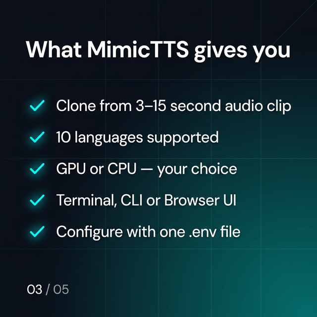 rajjitlai's tweet photo. 🎙️ Shipped MimicTTS — open-source voice cloning in your terminal.
Clone any voice. 10 languages. GPU or CPU.
No bloat. Just results.
GitHub: https://t.co/Mk9bDVLRXf
#opensource #ai #python
#clone #voiceclone https://t.co/AiB4xT3c8u