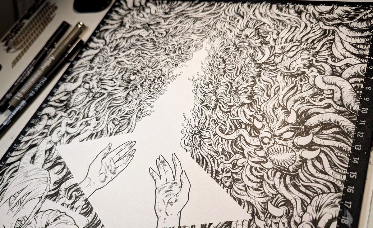 Demon page done
I just realized I have to draw a lot of chain links on the next page, and somehow that's more irritating.
Pray for me 🥲

#FIENDISH #comics