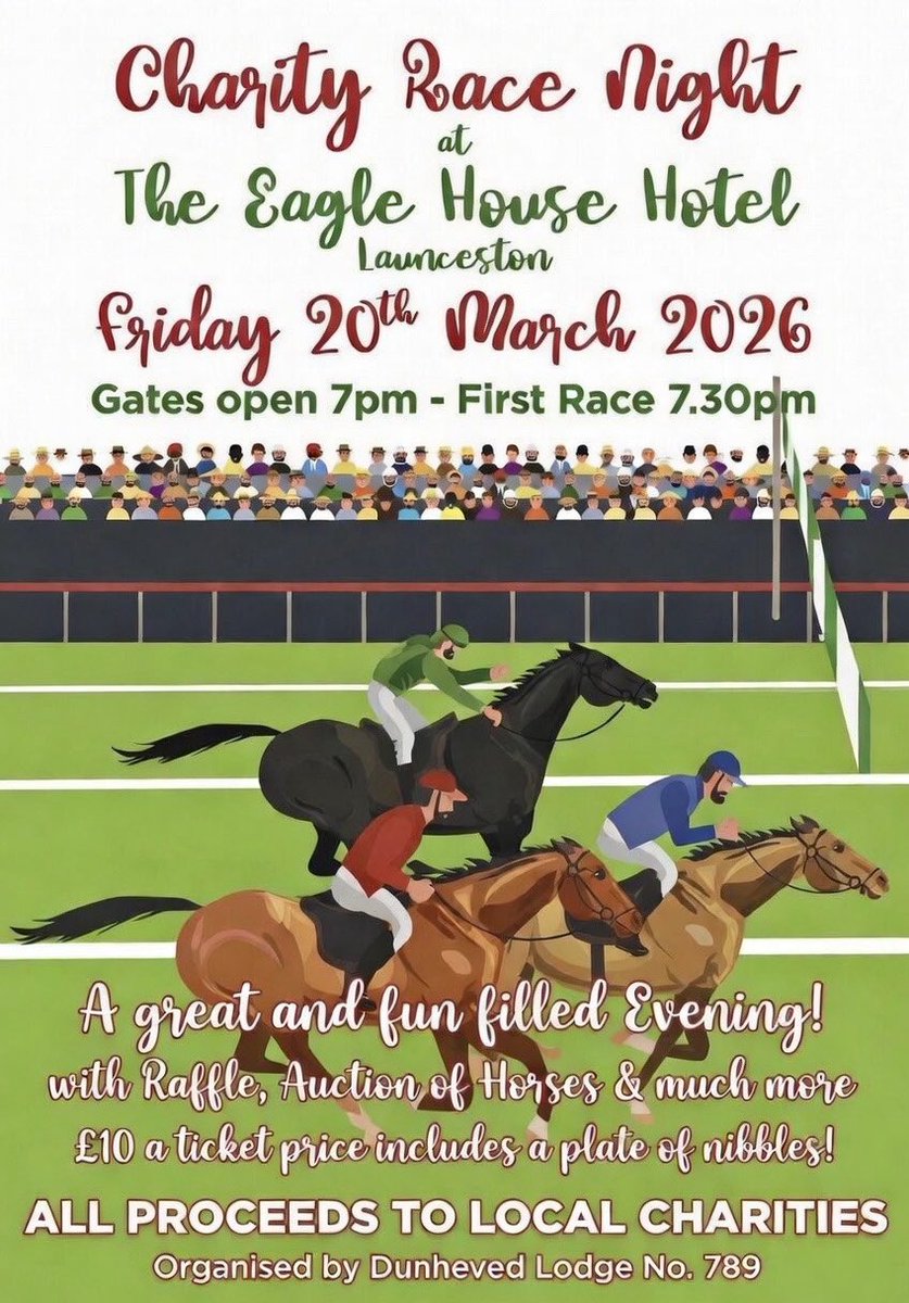 DunhevedLodge's tweet photo. Pray!, good citizens of Launceston and beyond, lend your ears to a most joyous proclamation! On the evening of Friday, the 20th of March, the esteemed Eagle House Hotel shall play host to a Charity Race Night of unparalleled excitement, all for the benefit of our local charities. https://t.co/NLcOJZNoYT