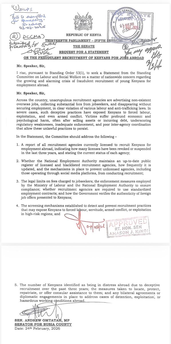 Kenyans are being conned in the name of jobs abroad.

In the <a href="/Senate_KE/">Senate of Kenya</a>, I have demanded a statement on the rising cases of fraudulent recruitment where agencies advertise fake overseas jobs, collect huge fees from desperate youth, then disappear.

Some victims sell property or