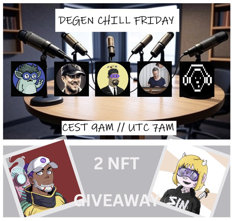Neverroninn_'s tweet photo. 🚨 Degen chill Friday NFT Giveaway!🚨

Easy steps to win one of those 2 #NFT's:

- Like comment and repost.
- Join Degen chill Friday space - link in the description.

Good luck Anon!

Degen chill Friday #37 🎙️ Open stage. 
CEST 09AM // UTC 07AM

NFT collections: @DanketsuNFT and @IceGirlzNFT