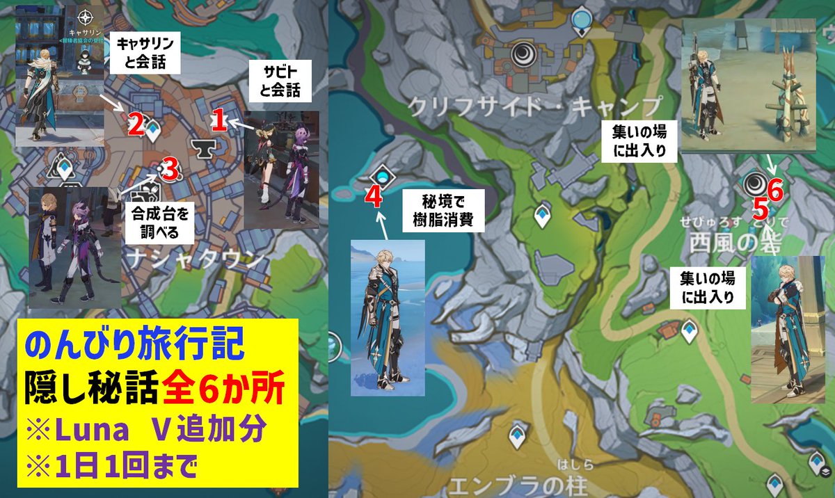games_aki's tweet photo. Luna Ⅴのんびり旅行記の隠し秘話「全6か所」と発生条件です。

30原石相当になります。

・動画では現地を周っています。
https://t.co/uNSoCPiXCc

#原神 #あきゲーム攻略 #のんびり旅行記 https://t.co/ZmMicsE8Db