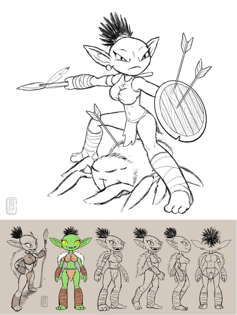Tonycartoonish's tweet photo. For #goblinweek2026, I challenged myself to draw my goblin girl OC, Patch, in different poses. This scene captures her defending her loyal friend Buttons.  Don’t worry, couple of healing potions and rest, Buttons will be back up on all  eight. #goblinweek #goblin #originalcharacter #goblingirl