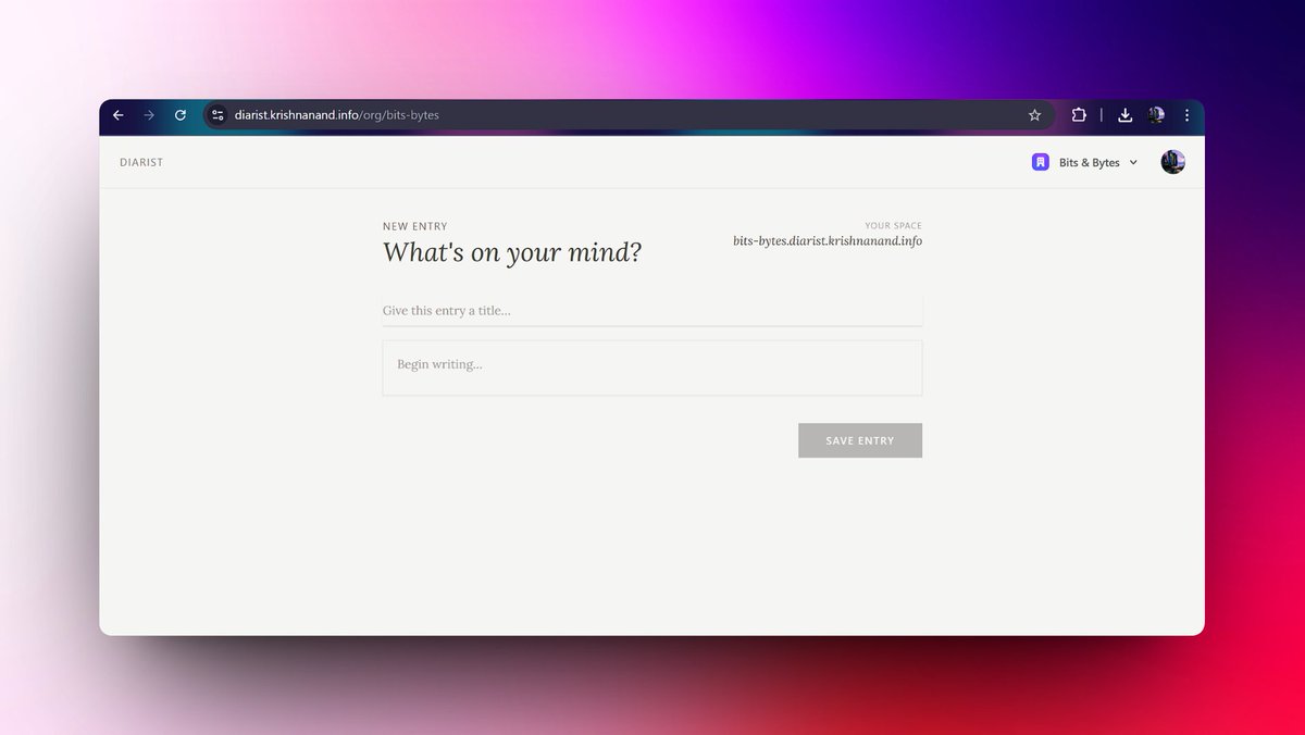 y_krishnanand's tweet photo. Built a small multi-tenant PoC app to understand such architectures using Next.js.
Introducing Diarist - a shared diary app where each space gets their own public subdomain.
Live: https://t.co/fmVDFXfHXa
Code: https://t.co/V9gNtUuFJZ
#NextJS #FullStack #Multitenant https://t.co/XVJKwO4tS9