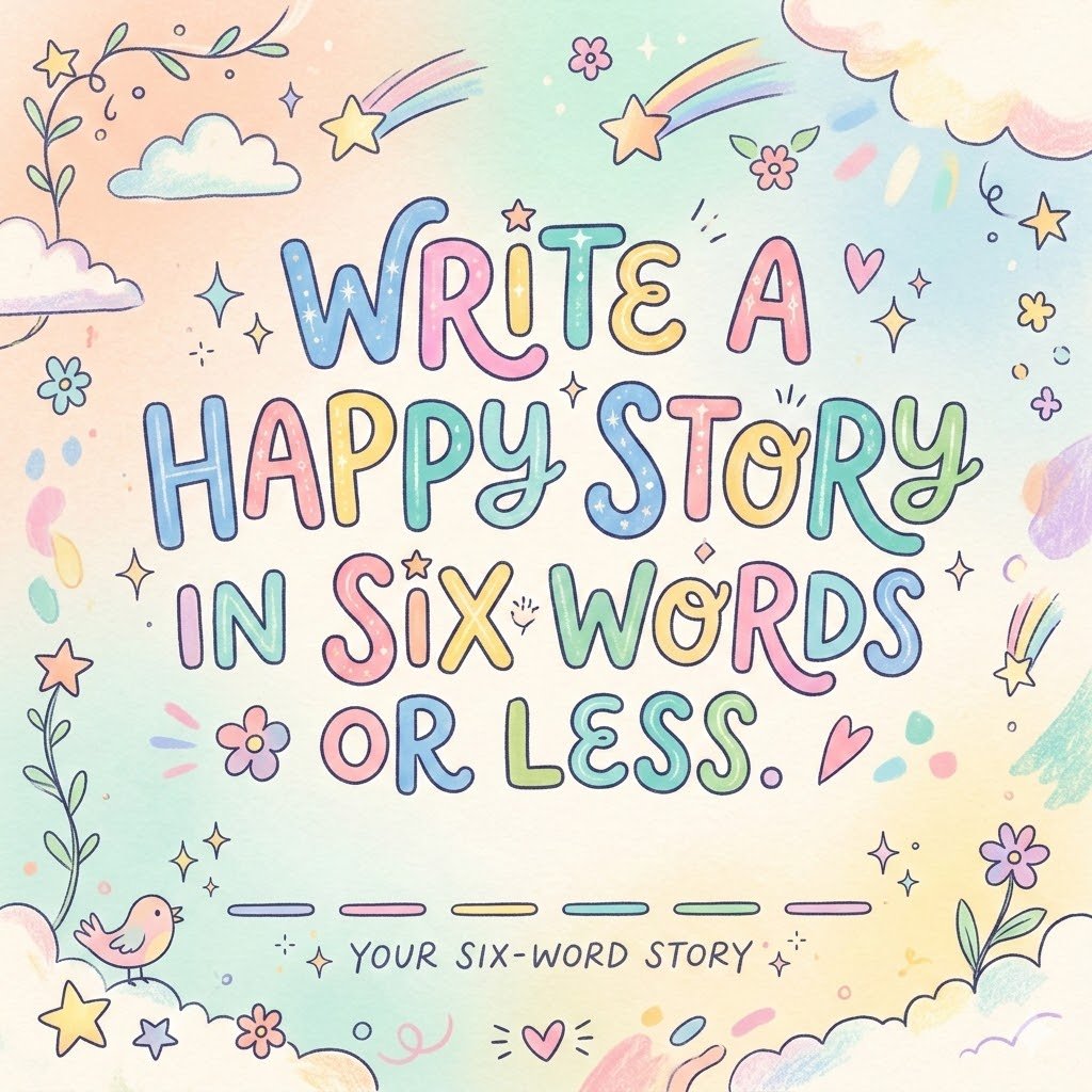kindnessavenue's tweet photo. Can you write a HAPPY STORY in six words or less? #WriteAStory #SixWordsOrLess #ThoughtfulThursday https://t.co/ZcQkInIVDl