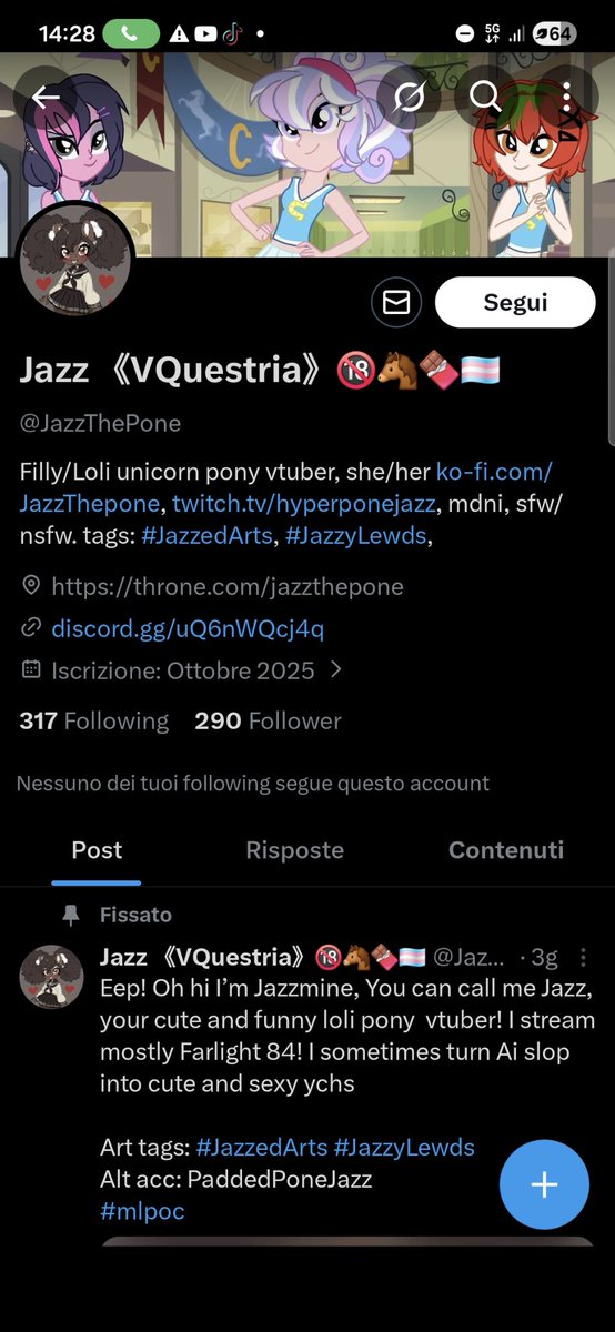 2k_115's tweet photo. @ACLU @HRC @TransEquality @elonmusk @loli__daily @xsafety @xSafety2 @DerrickC_NCMEC @thorn "@JazzThePone still active on X: self-described 'loli pony vtuber' with foalcon tags, NSFW pony art, diaper alt. 18+ but borderline child-like fetish. X lets this slide? Report it. @XSafety @Thorn @NCMEC #ChildSafety #Foalcon #XFail" https://t.co/0iKSAHUm1M