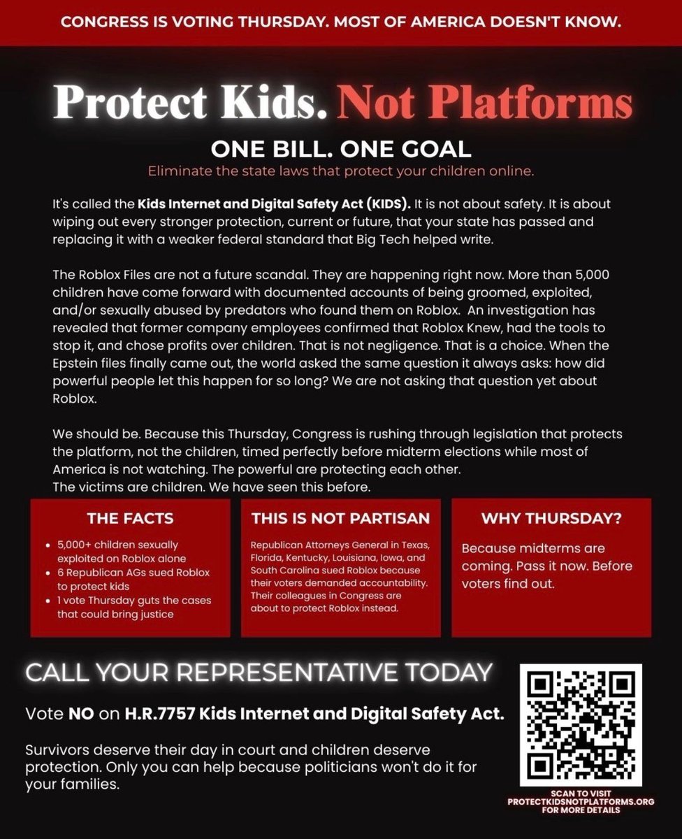 DigitalDaisyX's tweet image. Tell Congress to vote NO on the Kids Internet and Digital Safety KIDS Act.

This is not about protecting kids it is about Big Tech. The bill undermines survivors quietly right before midterms.

Contact your legislators now and tell them to vote NO.

Midterms are today so like and