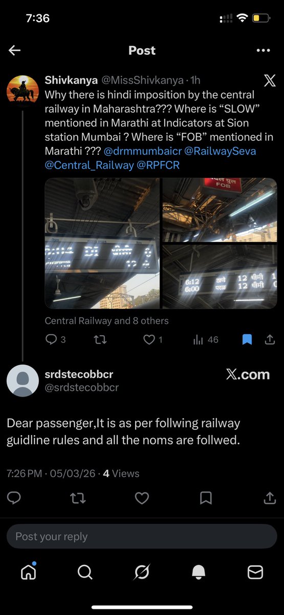 MissShivkanya's tweet photo. So I complaint about the boards not written in Marathi and the authorities replied to me that as per law, Marathi is not necessary on railway stations of Maharashtra but Hindi boards should be displayed. This is a a clear imposition of Hindi in Maharashtra. @Central_Railway https://t.co/JVLpdZuMkC