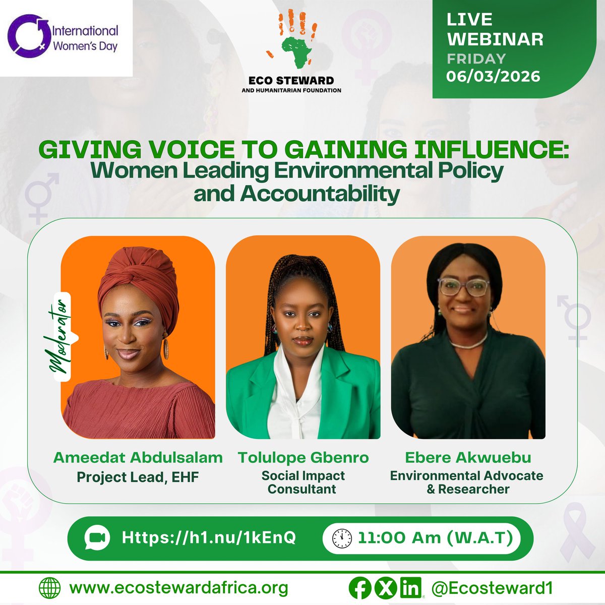 ecosteward1's tweet photo. Our International Women’s Day Webinar is Happening Tomorrow

Join us for a powerful and timely conversation.

Date: 6th March 2026 (Tomorrow)
Time: 11:00 AM (WAT)
Register here: https://t.co/TkzDoSLyen

#IWD2026 #InternationalWomensDay #WomenInLeadership #ClimateJustice https://t.co/xPOWVxONge