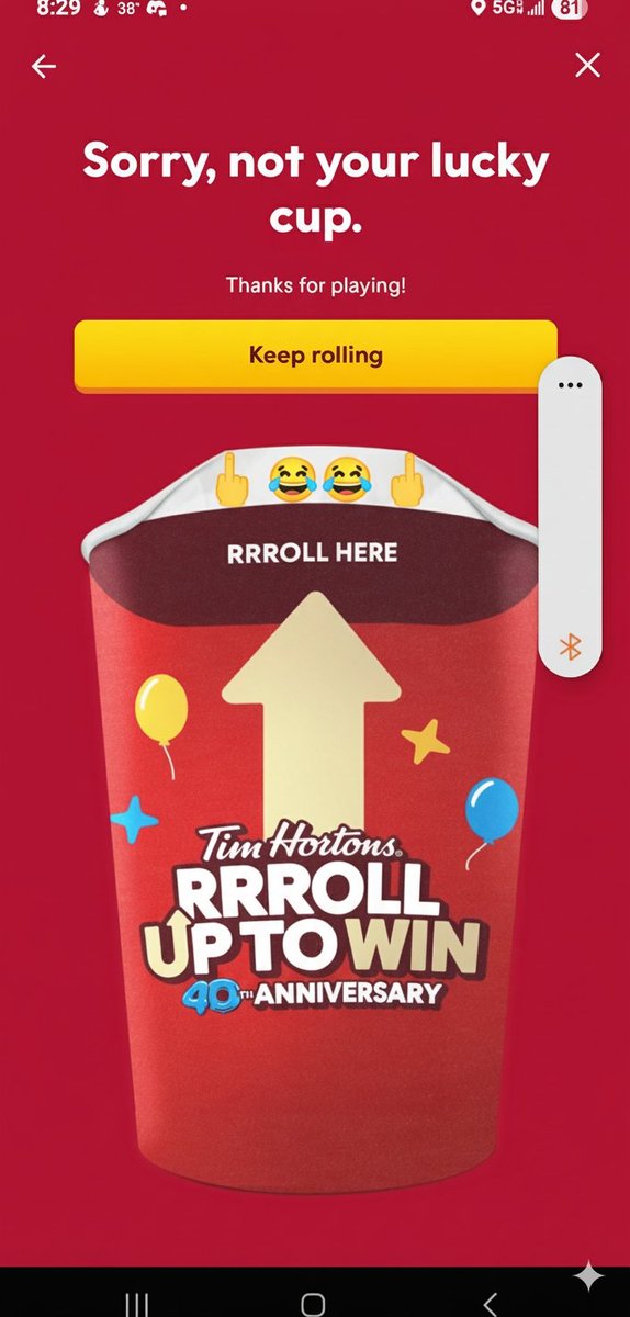SamQualiana's tweet photo. @TimHortons this losing streak is killing me.  I'm usually 1/3, but I haven't won at all yet 😆. https://t.co/yhjsZat0FF