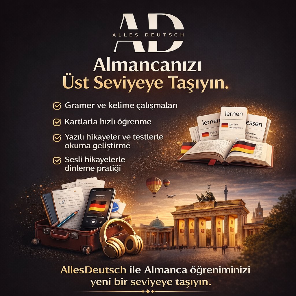 allesdeutsch5's tweet photo. AllesDeutsch
Almancanızı Üst Seviyeye Taşıyın

📚 Gramer ve kelime çalışmalarını sistemli şekilde öğrenin.
🃏 Kart sistemiyle kelimeleri daha hızlı ezberleyin.
📖 Okuma becerinizi geliştirin:
Yazılı hikayeler ve testlerle okuduğunuzu anlayın.
🎧 Dinleme becerinizi geliştirin... https://t.co/S1mTHADhCv