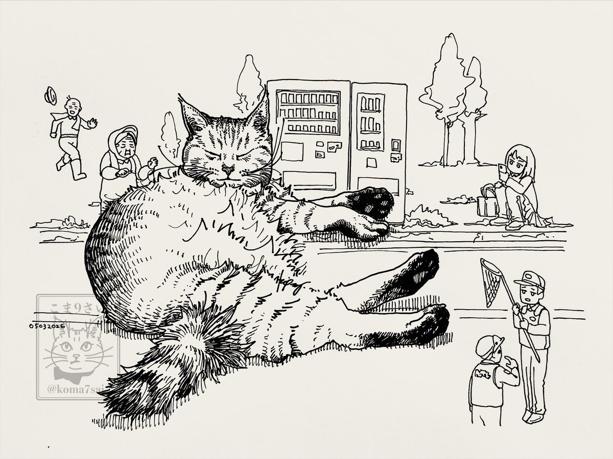 往来で寝そべる体長10mの猫がXで大流行