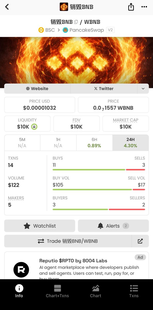 I introduce you all to Destroybnb, a token that automatically burns $BNB of the <a href="/BNBCHAIN/">BNB Chain</a> once you execute any trade

3% of every trade amount is auto converted to $BNB and burnt forever 

As little as this coin is in terms of community and market cap, it has already burnt more