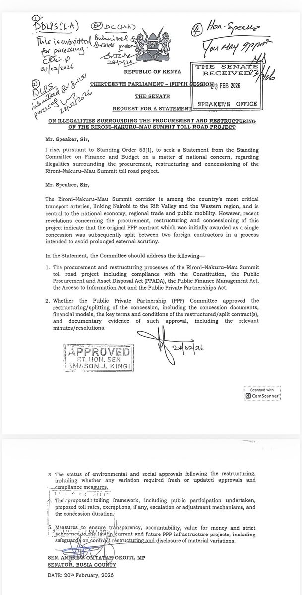 Pursuant to Standing Order 53(1), I have officially sought a Statement from the <a href="/Senate_KE/">Senate of Kenya</a> Standing Committee on Finance and Budget regarding the grave illegalities surrounding the Rironi-Nakuru-Mau Summit toll road project. This corridor is a vital artery for our national