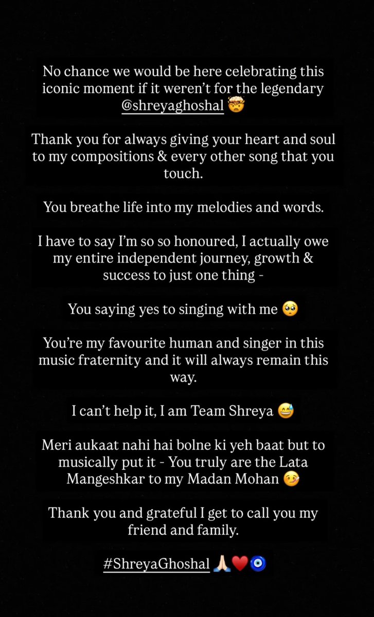 You are the light <a href="/shreyaghoshal/">Shreya Ghoshal</a> please keep blessing us with more and more songs ♥️✨

May every musician’s greatest work be made for you and with you in mind, this is my prayer.

May all the young musicians of the country &amp; world have the opportunity to witness your magic in a