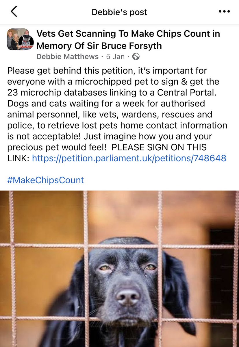 Please get behind this petition, it’s important for everyone with a chipped pet to sign &amp; get the 23 microchip databases linking to a Central Portal. PLEASE SIGN ON THIS LINK: petition.parliament.uk/petitions/7486…

#MakeChipsCount

<a href="/qu1ncey/">Liz Quinn</a> <a href="/PetTheftUK/">Debbie Matthews</a> <a href="/Dr_Dan_1/">Dr Daniel Allen</a> <a href="/HunnyJax/">#whereAREyouPebbles</a> <a href="/BitofDecorum/">Debby Morris 🐕🐾💕</a>