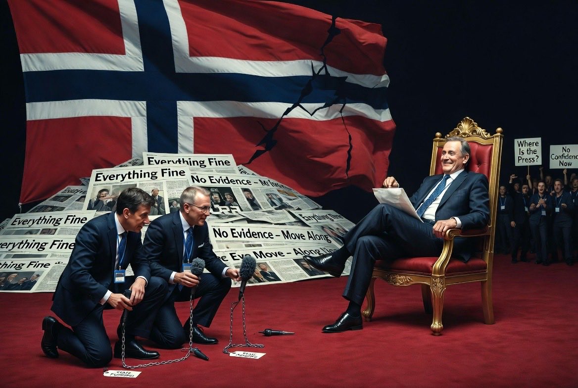 hjernevakta's tweet photo. To the Norwegian press:
Congratulations – you’ve turned journalism into a polite whisper. While Epstein files flood the internet, while Økokrim raids homes tied to former ministers, while billions in public aid vanish into Davos pockets, you publish headlines like ‘Possible Concerns Raised’ and ‘Investigation Ongoing – No Immediate Cause for Alarm’.
You dress up corruption as ‘complex relationships’. You frame elite networks as ‘diplomatic ties’. You let Støre say ‘I never met him’ without asking: Then why does his name echo in every leaked memo?
You’re not reporters. You’re stenographers with state subsidies. If you won’t demand a no-confidence vote against this government – right now – then stop pretending you’re free.
The world is watching. And we’re not laughing anymore.
#NorwayCorrupt #PressFailure #EpsteinFiles #NoConfidenceNow