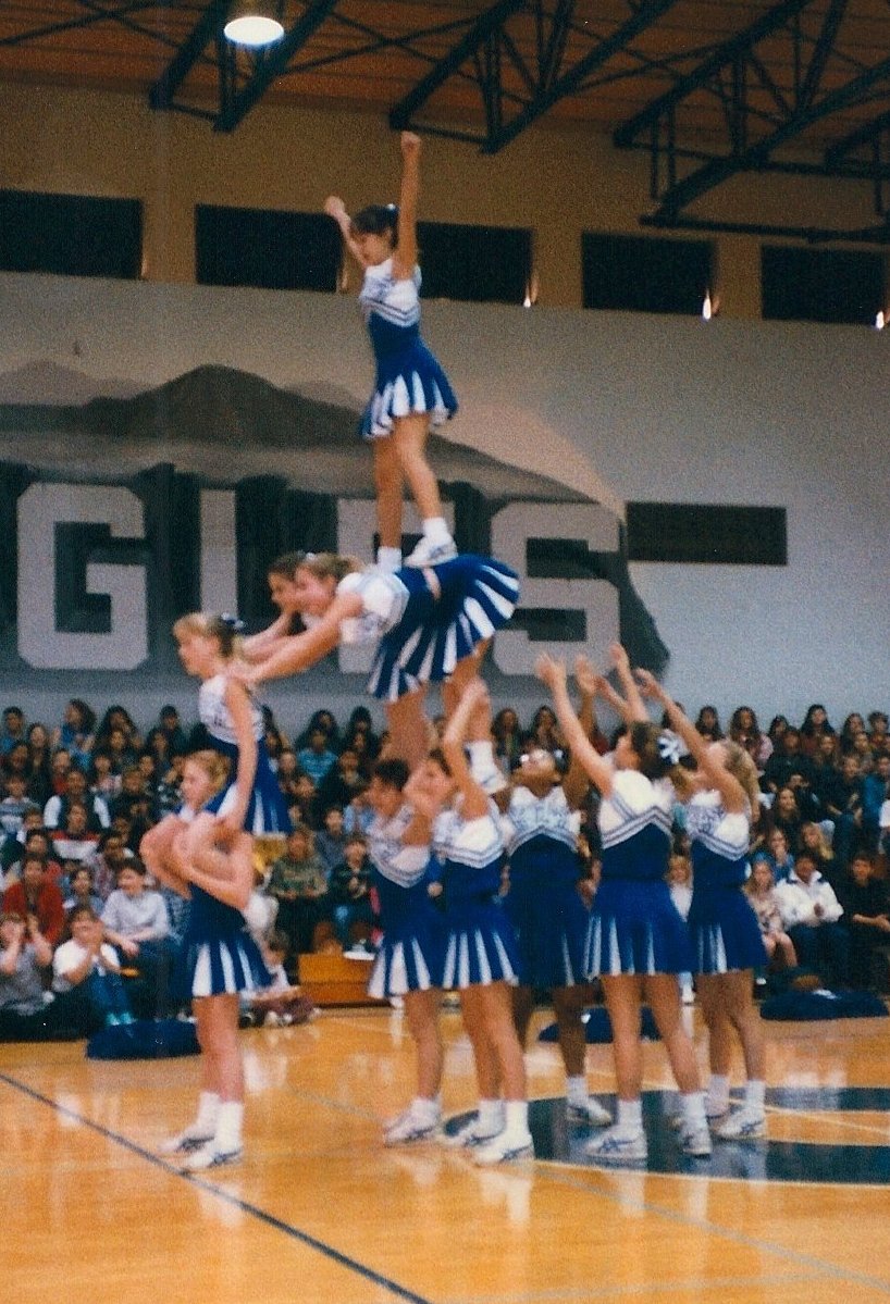 The most dangerous stunt we ever performed (three tiers). We did it in the eighth grade and never attempted it again. I was one of the strongest bases (center bottom). A metaphor for life.