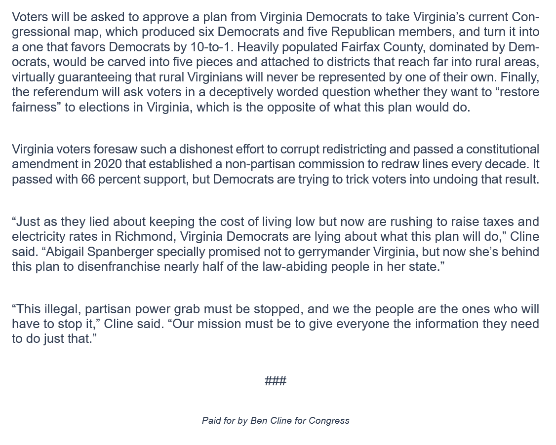 TimMurtaugh's tweet photo. To fight the unconstitutional gerrymandering in Virginia, @RepBenCline launches "Stop the Gerrymander," a 501(c)(4) to rev up the ground game.

The illegal, deceitful voter referendum on April 21 would eliminate GOP representation in Congress for 91% of Virginia. https://t.co/c9aT4KlS2O