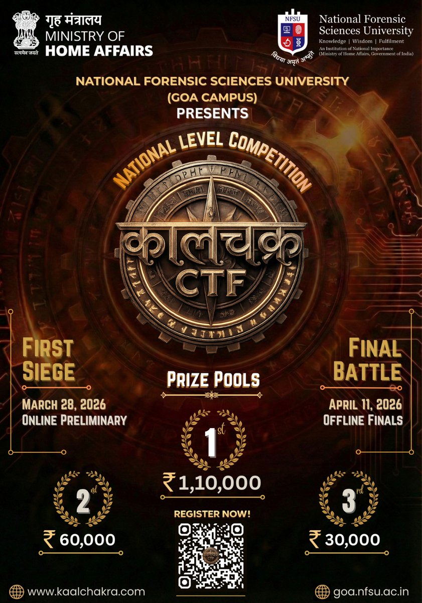 🌀 KAALCHAKRA CTF 2026 | THE WALL NEEDS GUARDING 🔥⚔️

We are pleased to announce the National Level Cyber Security Capture The Flag (CTF) Competition " Kalachakra". The realm is under attack. Defend the firewall in Web, Crypto, AI, Forensics, Reverse Engineering &amp; more... 🛡️🔥