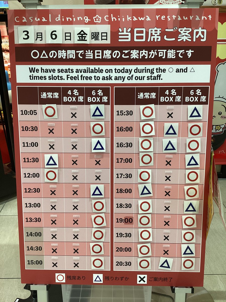 #ちいかわレストラン 沖縄PARCO CITY店🌺

3/6（金）当日券のご案内

○△の時間でカフェの当日券をご用意しております🍒
ご希望のお客様は店頭スタッフへお声がけくださいませ☺️
なお、予定枚数に達し次第終了となりますので予めご了承くださいませ🙇‍♀️