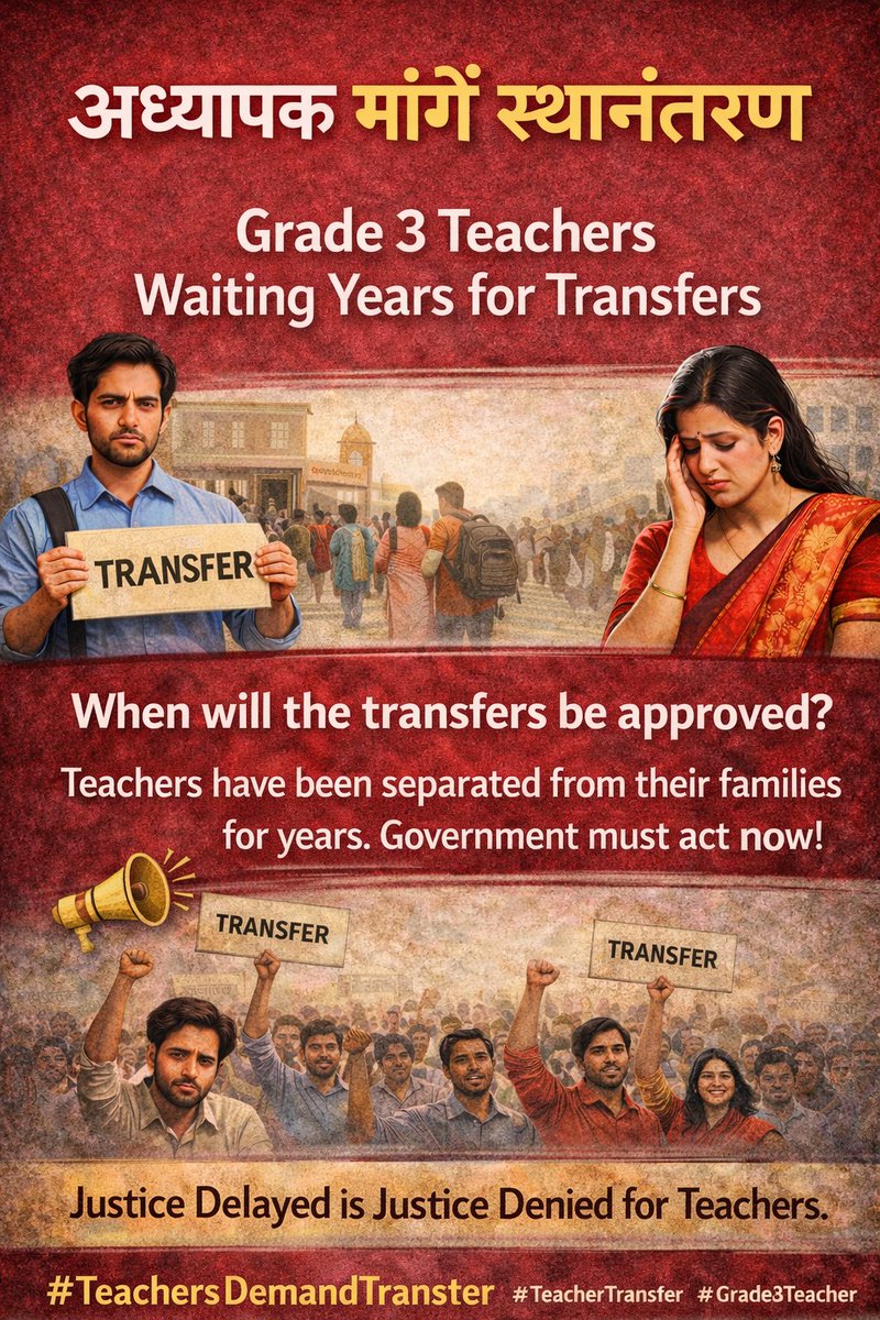 तृतीय श्रेणी शिक्षक शिक्षा व्यवस्था की रीढ़ हैं।
उनकी पीड़ा को नजरअंदाज करना न्याय नहीं।
स्थानांतरण शीघ्र किए जाएं।
<a href="/BhajanlalBjp/">Bhajanlal Sharma</a> <a href="/Bhajanlalofc/">Office Of Bhajan Lal Sharma</a> <a href="/madandilawar/">Madan Dilawar</a> <a href="/narendramodi/">Narendra Modi</a> <a href="/narendramodi_in/">narendramodi_in</a> <a href="/PMOIndia/">PMO India</a> <a href="/RajCMO/">CMO Rajasthan</a> <a href="/rajeduofficial/">Dept of Education, Rajasthan</a>
#अध्यापक_मांगे_स्थानांतरण