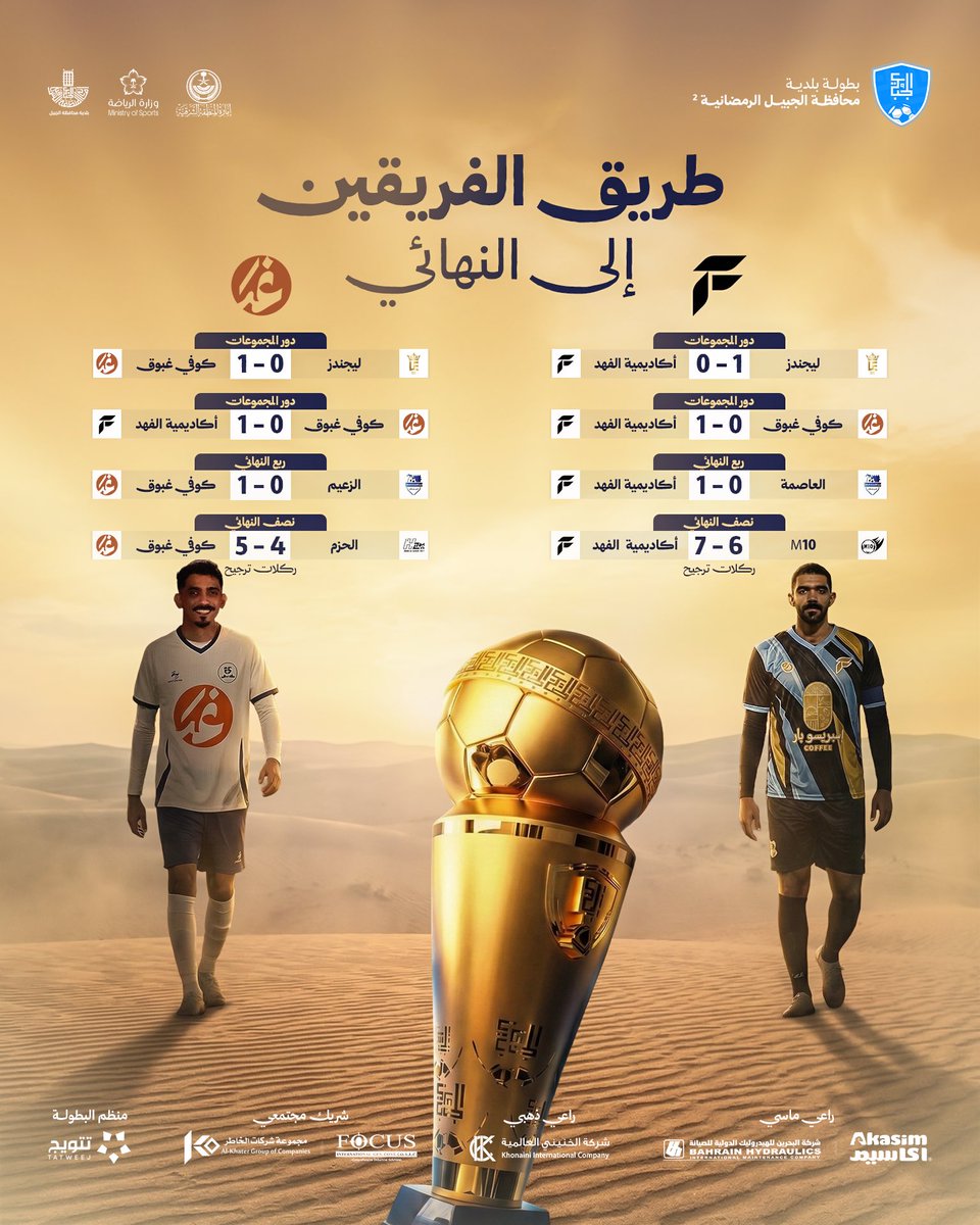 JubailMFT's tweet photo. بعد مشوار حافل بالندية والإثارة.. 
خطوة واحدة تفصلنا عن الكأس! 🏆

هكذا كان مسار الفريقين الى النهائي
من سيُكمل المسيرة ويحمل الذهب؟ 🥇✨

#بطولة_بلدية_الجبيل2 | #أجواء_نعيشها_سواء https://t.co/OH9sOqr5TU