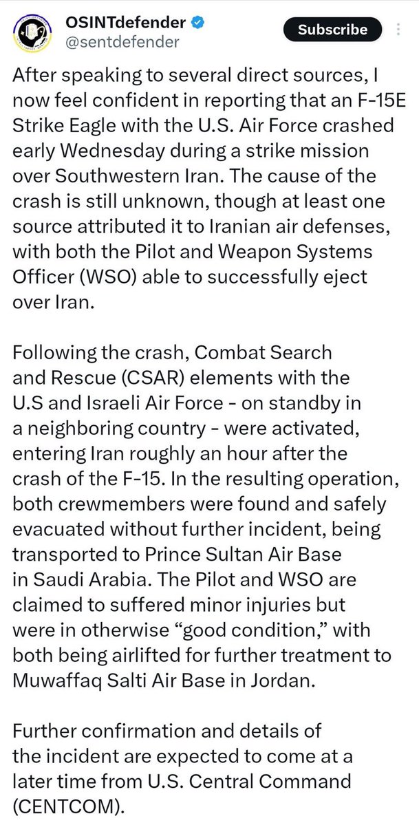 scottadamsshow's tweet image. UPDATE: @CENTCOM says reports by @sentdefender that an F-15E crashed in Iran is "baseless and not true".