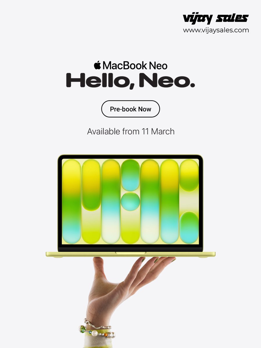 VijaySales's tweet image. Your dream MacBook just got even better! ✨
Explore MacBook Neo, Air &amp;amp; Pro with Apple Intelligence and all-day battery life built for everything you do.

Pre-book at Vijay Sales stores or website today.

#VijaySales #Apple #AppleIndia #AppleProducts #MacBook #MacBookAirM5