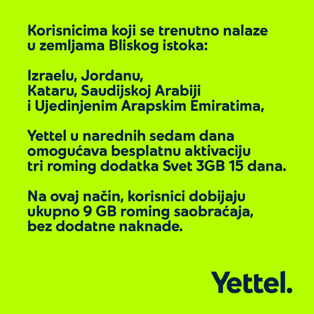 YettelSrbija_tw's tweet photo. Hajde da budemo dostupni svojim najbližima u zahtevnim situacijama. 🌍💚
https://t.co/4inET4veB5 https://t.co/WqbRMepoIi